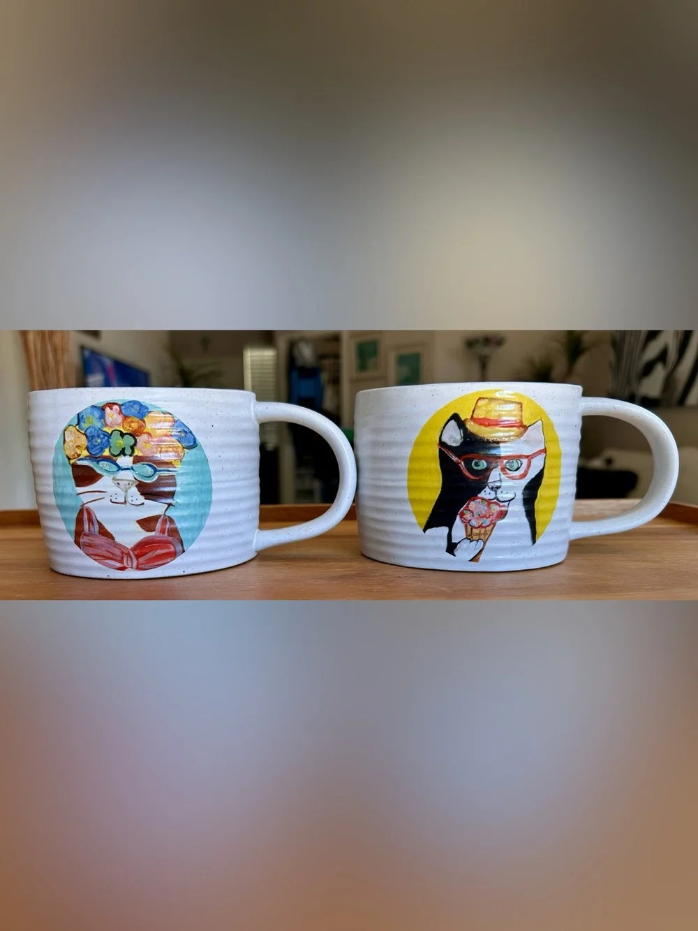 West Elm Speckled Pottery Ribbed Textured Mugs with Whimsical Cat Illustrations